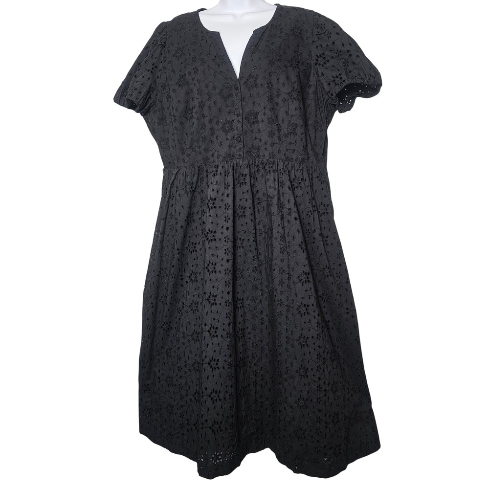 J.Crew Eyelet Midi Dress Women 18 Black Cottagecore Cotton Puff Sleeve Boho